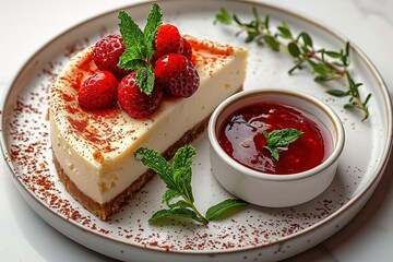 A white square plate with one slice of strawberry cheesecake and a small bowl filled with red sauce is placed on the right side of the platter.