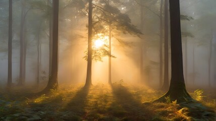 The first light of dawn peeks through a dense forest