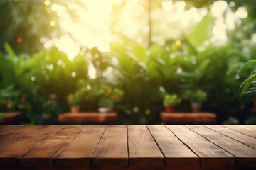 Empty wood plank table top with blur park green nature background bokeh light, Mock up for display or montage of product, Banner or header for advertising on social media. High quality photo - obrazy, fototapety, plakaty