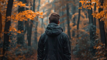 Man walking in the forest and feels relaxation 