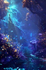Fototapeta na wymiar Ethereal garden floating in the vacuum of space with bioluminescent plants, floating water streams, variety of alien fauna basking in the light of nearby nebula created with Generative AI Technology