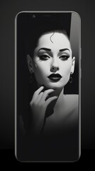 Black smartphone on a gray background with an image on the screen showing a cheerful nice girl --ar 9:16 --quality 0.5 --stylize 0 --v 5.2 Job ID: 40619fd4-eb09-47df-8041-509967dc26f6