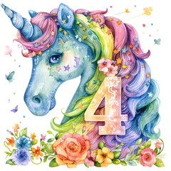 A cute watercolor illustration of a unicorn birthday party decoration with the number 4, perfect for celebrating a special occasion