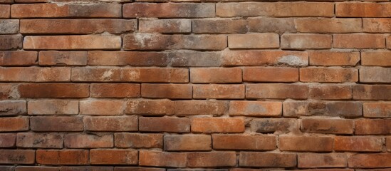 Fototapeta premium Close-up view of a solid brick wall where a bright red fire hydrant is positioned in the middle