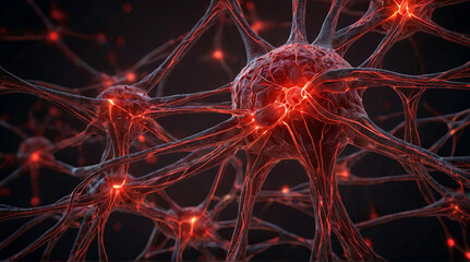 Neuron cells. Detailed neuronal network with illuminated connections, highlighting synaptic transmission. Complexity of the human nervous system. - 775455151