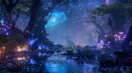 Fototapeta na wymiar Ethereal garden floating in the vacuum of space with bioluminescent plants, floating water streams, variety of alien fauna basking in the light of nearby nebula created with Generative AI Technology