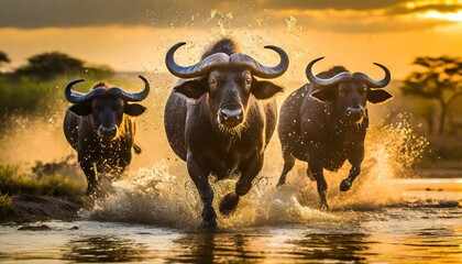 Close up image of a group of african buffalos running through the water in the savanna during wallpaper texted images - obrazy, fototapety, plakaty
