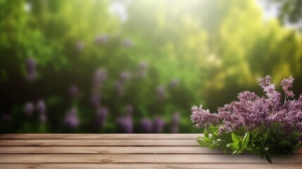 Fototapeta premium Empty wooden floor flower background. Beautiful and bright green blurred background. And the morning sun - can be used to display or edit your products. High quality photo