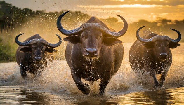 Close up image of a group of african buffalos running through the water in the savanna during wallpaper texted images