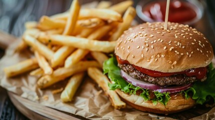 Beef burger with french fries and ketchup 