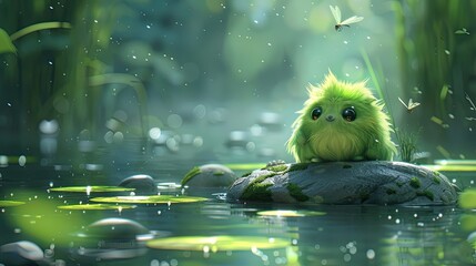 Cute Monster's Tranquil Pond Skipping Stones Adventure - obrazy, fototapety, plakaty