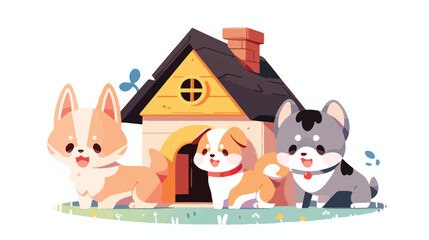 Obraz na płótnie Canvas Dog house with cute dogs isolated illustration 2d f