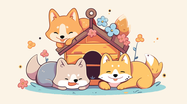 Dog house with cute dogs isolated illustration 2d f