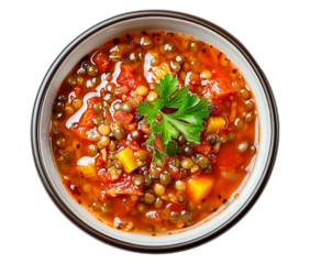 Spicy lentil and bacon soup on transparent background