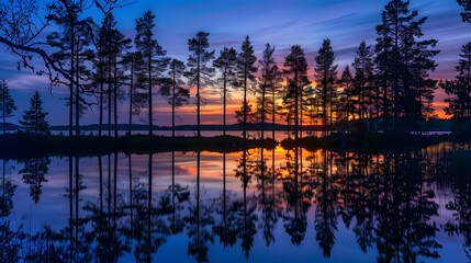 Silhouette of trees by lake against sky during sunset,Loppi,Finland - obrazy, fototapety, plakaty