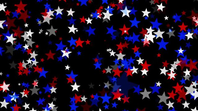 Red white and blue stars floating like confetti on black background for USA celebrations like 4th of July, Memorial Day, Veteran's Day, or other patriotic US American holidays.