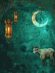 Naklejka premium Photo eid al adha islamic decoration background with goat sheep arabic lantern crescent and copy space - generative ai