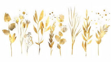 Vector plants and grasses in gold style with gloss effects and and gold paint splatters. Minimalist...