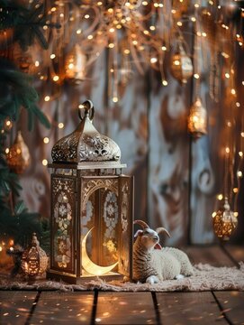 Photo eid al adha islamic decoration background with goat sheep arabic lantern crescent and copy space - generative ai