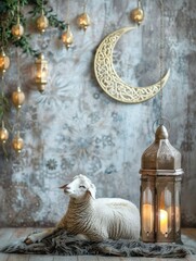 Obraz premium Photo eid al adha islamic decoration background with goat sheep arabic lantern crescent and copy space - generative ai