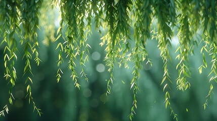 Leaves caught in the branches of a weeping willow