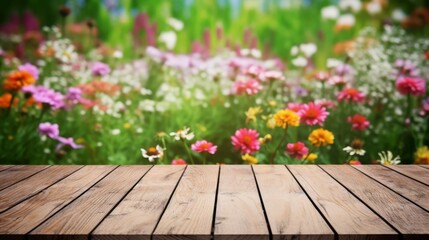 Empty wooden floor flower background. Beautiful and bright green blurred background. And the morning sun - can be used to display or edit your products. High quality photo