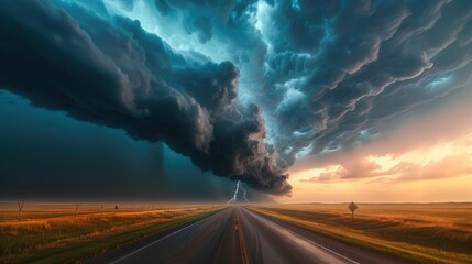 Intense supercell storm unleashes lightning and fierce winds over rural road, Ai Generated. - obrazy, fototapety, plakaty
