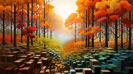 Surreal autumn forest landscape captivates with vibrant colors, Ai Generated.