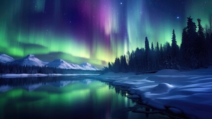 Winter aurora paints a mesmerizing spectrum of colors across the night sky, Ai Generated. - obrazy, fototapety, plakaty