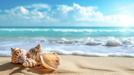 Obraz na płótnie Canvas tropical beach adorned with seashells on soft sand. Ai Generated
