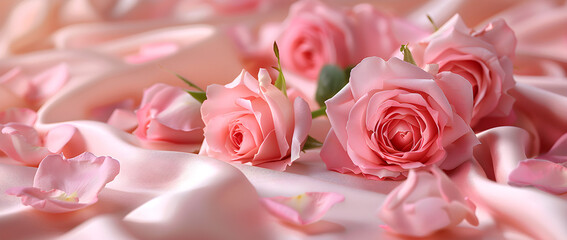 Pink roses and petals on soft silk, perfect for Valentine's Day, wedding, or Mother's Day backgrounds