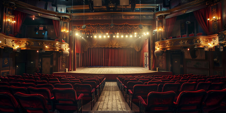 theater stage, with red curtain, wooden floor, chairs and lighting  ,
Classic Stage Setting with Wooden Floor AI Generative
