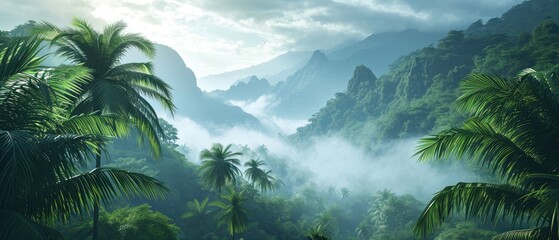 Fototapeta na wymiar Palm trees sway atop a hill with towering mountains and a surrounding mountain range, Ai Generated
