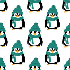 Penguins in a hat seamless pattern, cute animals in flat illustration style, funny animals