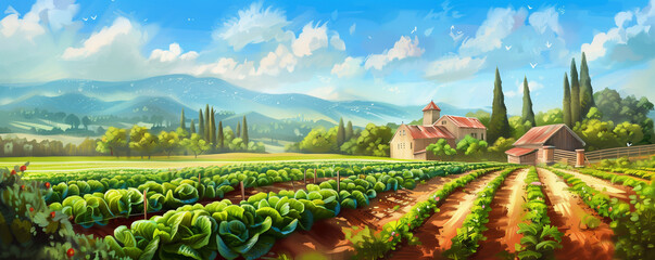 Vegetable farm field on a sunny summer day, beautiful rural panoramic landscape, vegetable agriculture background, illustration generative ai
 - obrazy, fototapety, plakaty