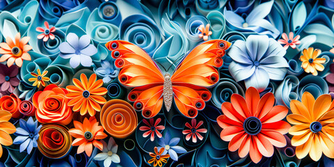 A vibrant paper art composition featuring a three-dimensional array of colorful flowers and a prominent orange butterfly center. Craftsmanship and artistry.