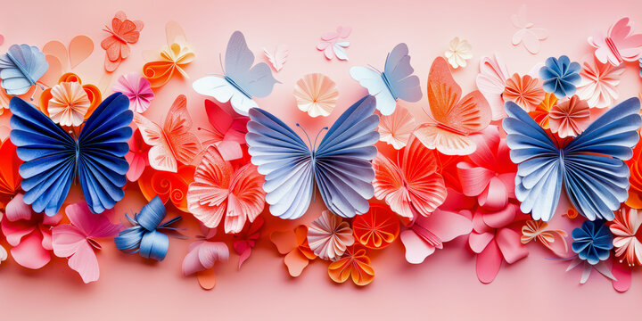 A vibrant display of paper butterflies in shades of blue, orange, and pink arranged in a gradient on a light background.