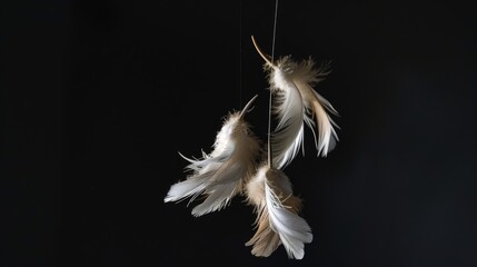 A composition of feathers suspended in mid-air, illuminated from behind by a gentle, glowing light against a stark, black background. This setup creates a sense of weightlessness and grace, capturing