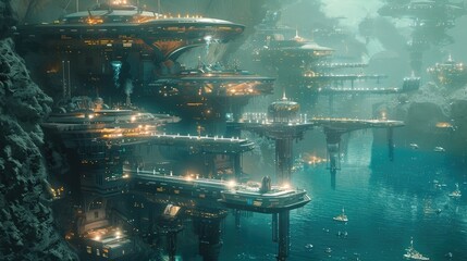 Futuristic Floating City with Underwater Mining Extracting Ocean Depths' Valuable Minerals