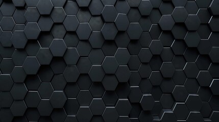 Black, Futuristic Mosaic Tiles arranged in the shape of a wall. Hexagonal, 3D, Bricks stacked to create a Semigloss block background. 3D Render