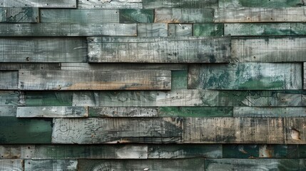 Green-washed old wood background with wooden abstract texture pieces, Ai Generated.