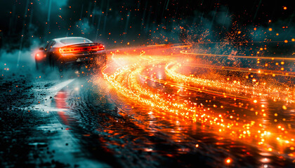 A speeding car on a wet road at night, with bright light trails following it, conveying a sense of high velocity.