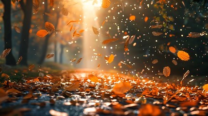 Leaves fluttering down from the trees like confetti - obrazy, fototapety, plakaty