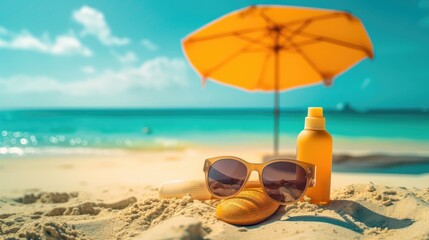 Sand, sea, and summer essentials, sunglasses, sunscreen, Ai Generated