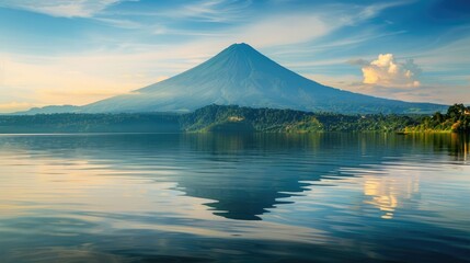 Fototapeta na wymiar Volcanic mountain reflected in calm lake waters. Ai Generated