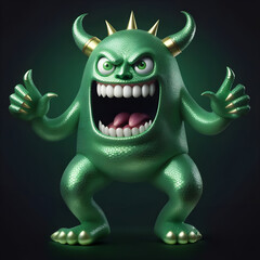 Fototapeta premium Image of a green monster, with many teeth and horns. Image AI
