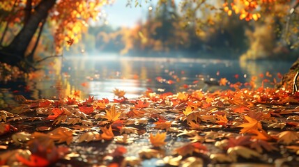 Leaves forming a vibrant carpet along a riverbank