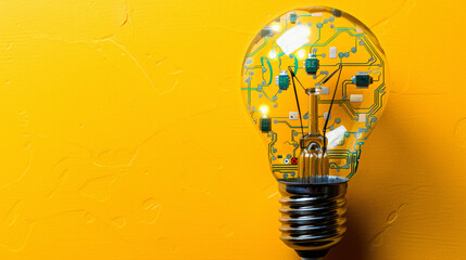 A light bulb with a circuit board design against a yellow background, symbolizing innovation, technology, and creative ideas.