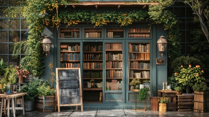 A cozy bookstore with a blank chalkboard easel outside, ready for your announcement. - obrazy, fototapety, plakaty