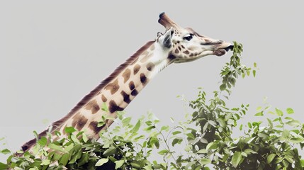 photo A giraffe reaching up to feed on leaves, with its long neck stretching into the frame on grey background --ar 16:9 --quality 0.5 --stylize 0 Job ID: add3cb0d-1d87-421c-a9e2-f4d7208d62ed